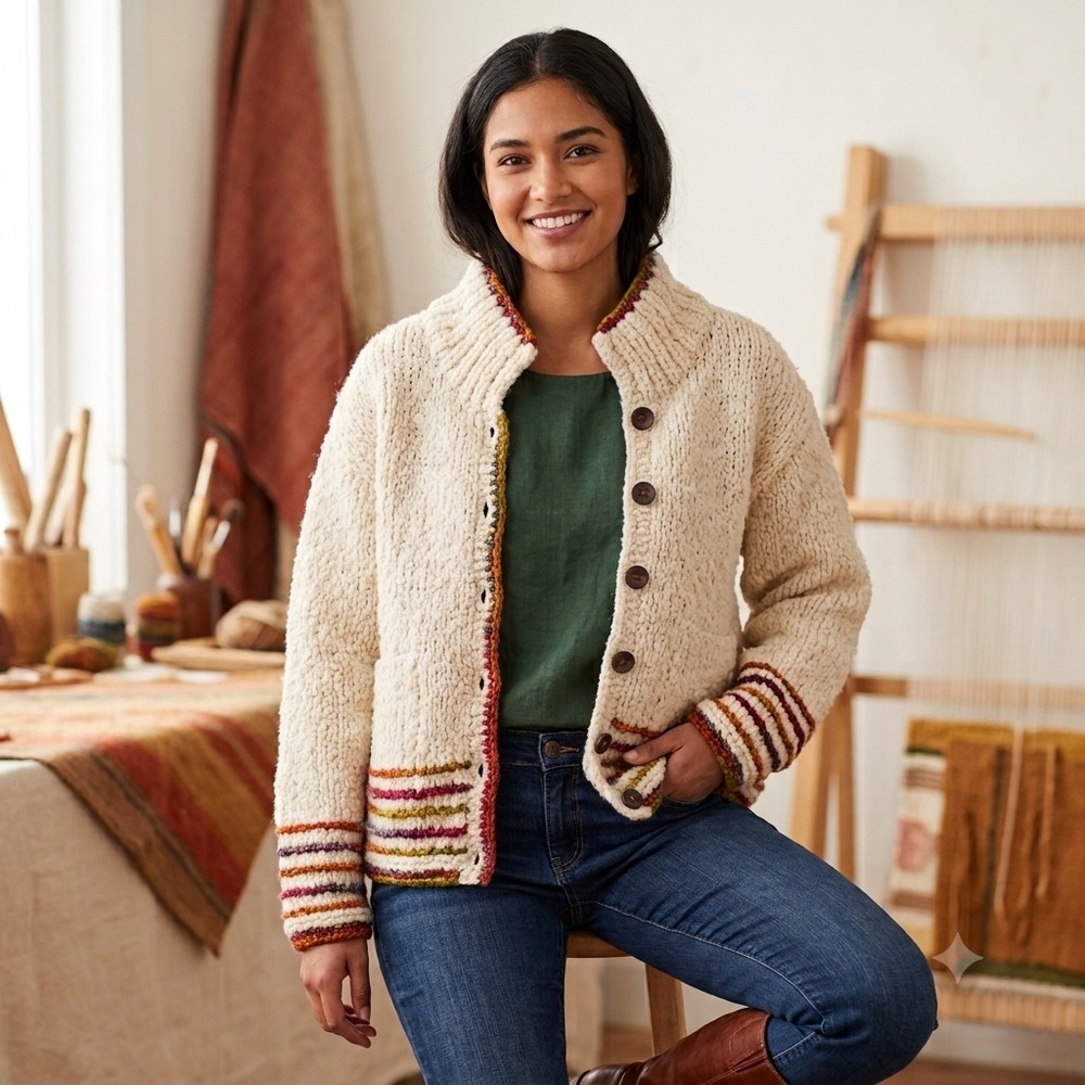 Bolivian Imports by Lucy Wool Cardigan Sweater Hand Made Ecuador Cream Large
